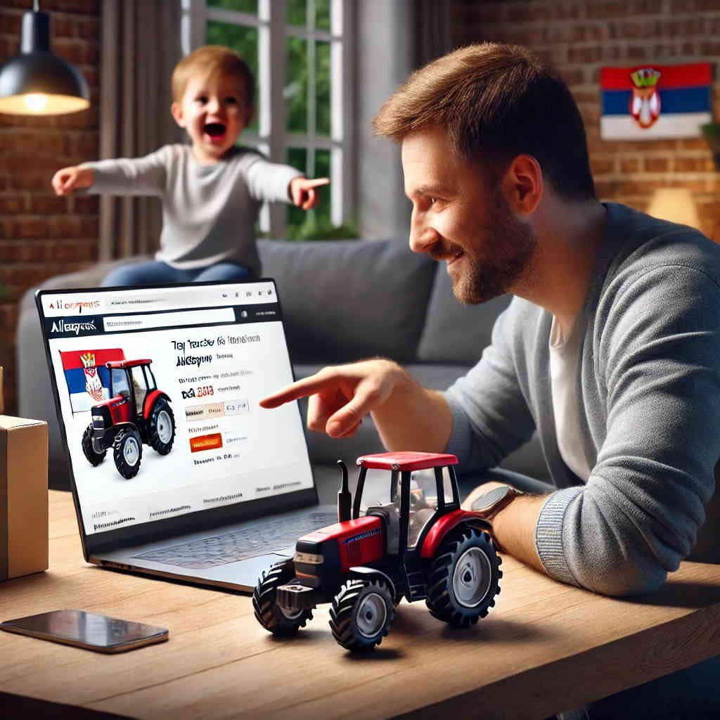 Prikazuje oca koji kupuje bager s Aliexpressa.com Srbija dok dete srećno gleda
